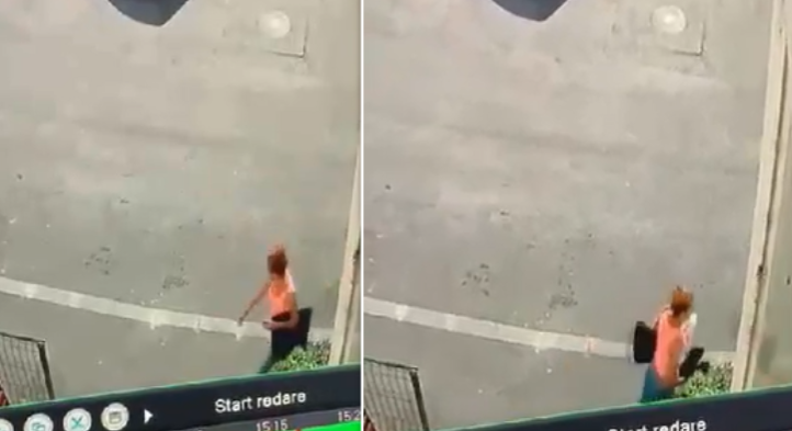 O femeie din Slatina a fost surprinsă în timp ce fura încălțămintea pusă la uscat, ziua în amiaza mare, în fața unui bloc | VIDEO
