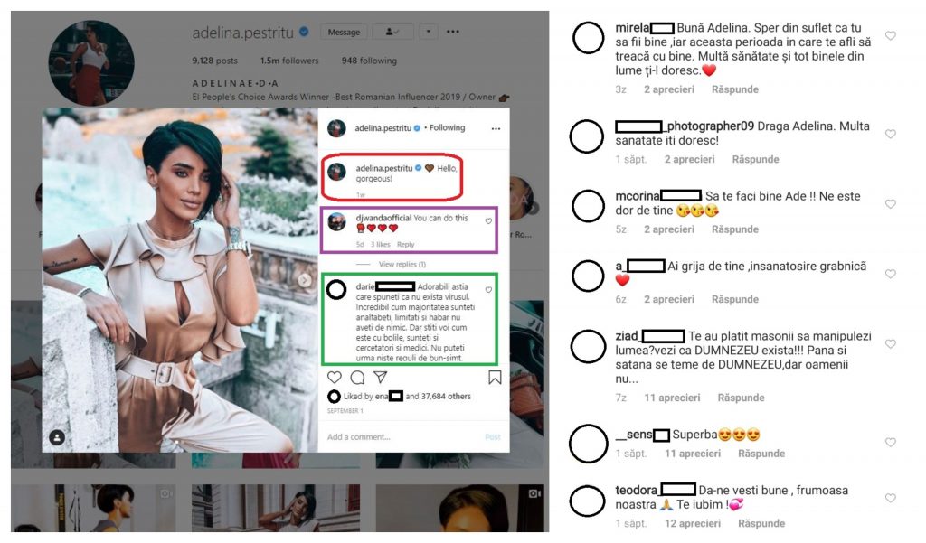 Adelina Pestrițu, în mijlocul unui scandal izbucnit între urmăritorii săi de pe rețelele de socializare. Unii dintre internauți o acuză că a fost plătită să spună că s-a infectat cu noul coronavirus © Instagram