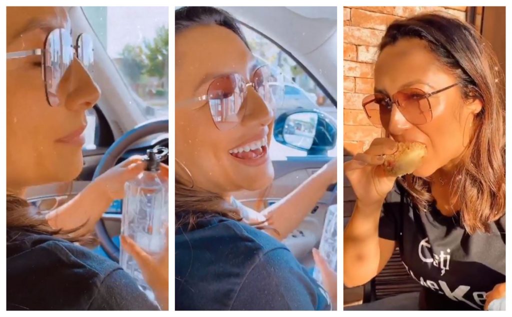 Andra și Cătălin Măruță, replici înțepătoare în timp ce artista își conduce bolidul, iar prezentatorul este în dreapta ei. Mama artistei le-a dat la pachet gomboți cu prune © Instagram Stories