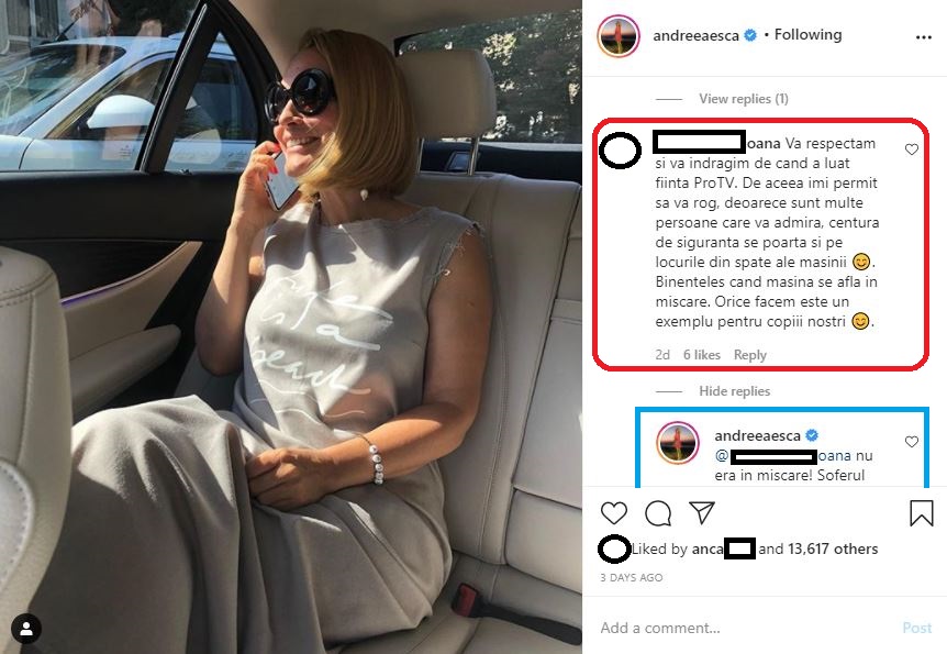 O telespectatoare fidelă a Andreei Esca i-a atras atenția că nu poartă centura de siguranță atunci când este pe bancheta din spate, iar prezentatoarea i-a dezvăluit că nu avea de ce să facă asta, pentru că autoturismul staționa © Instagram 