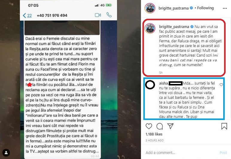 Brigitte a publicat unul dintre mesajele pe care Raluca Podea i le-a trimis de când sunt rivale © Instagram
