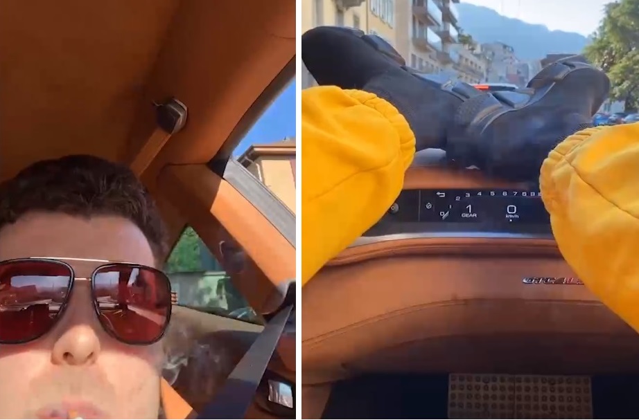 Micula Jr. fumează ca un turc într-un Ferrari de 300.000 de euro, cu interior din piele fină