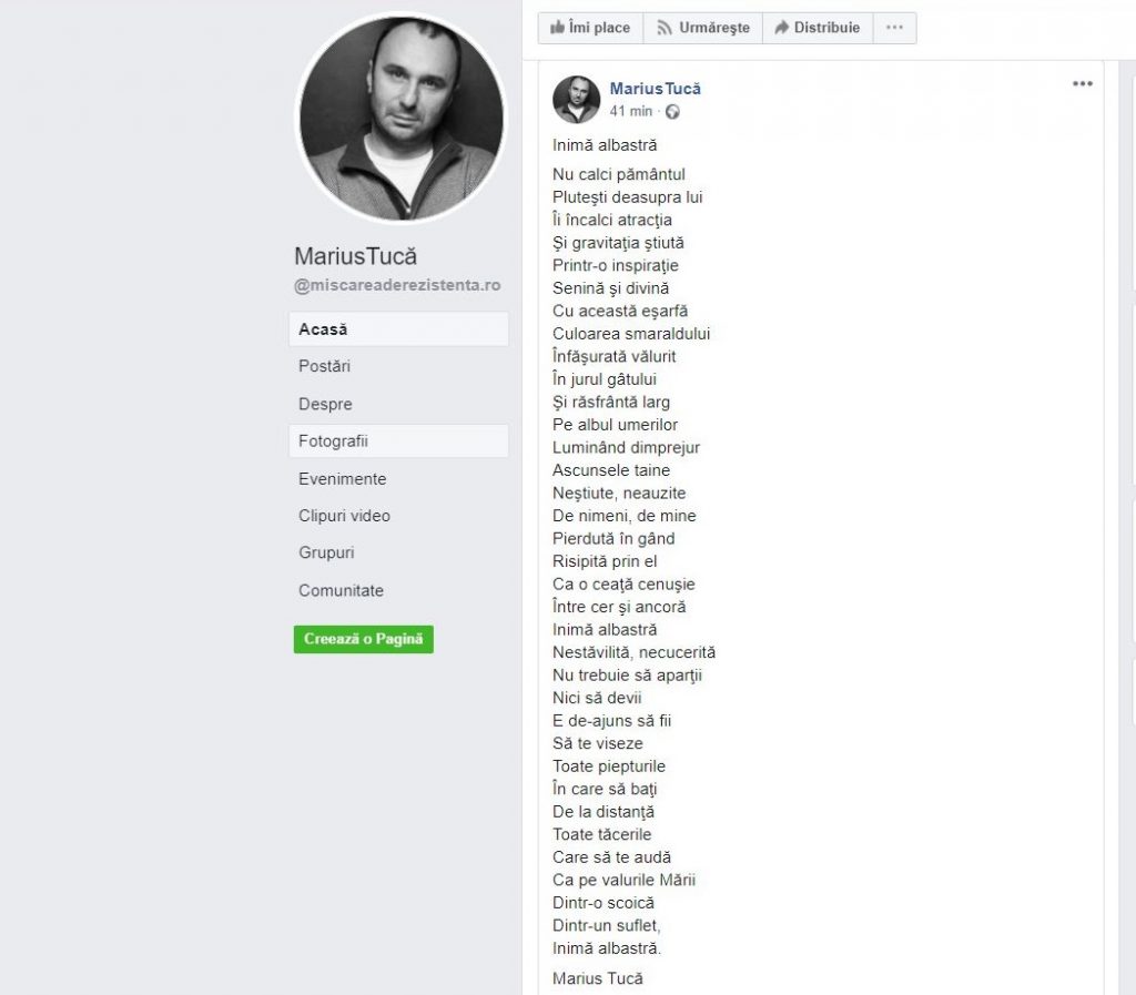 Prima poezie publicată de prezentatorul Marius Tucă după ce s-a aflat că a contractat boala rară apărută în China © Facebook