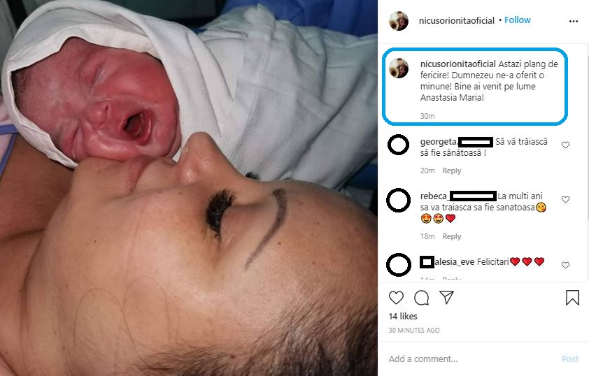 Artistul Nicușor Ioniță a făcut publică prima poză cu fetița pe care Silvana Rîciu a adus-o pe lume astăzi © Instagram
