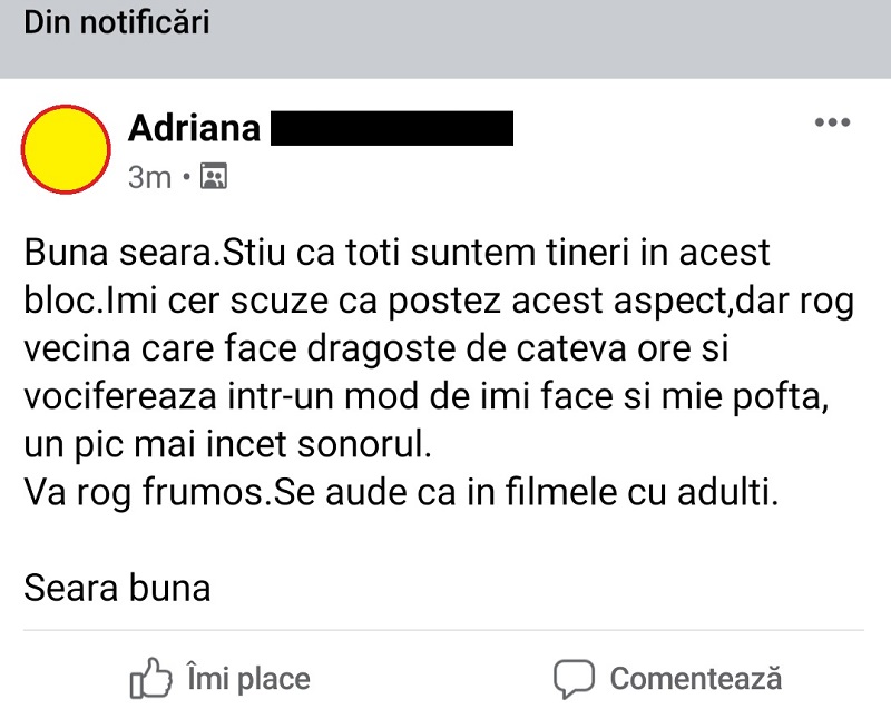 Postarea unei tinere din București, devenită virală: “Rog vecina care face dragoste de câteva ore să lase sonorul mai încet” © Facebook