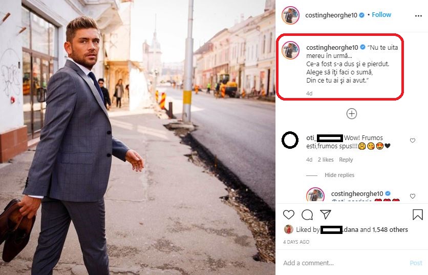 Costin Gheorghe a publicat un mesaj cu subînțeles după ce s-a aflat despre aventura pe care a avut-o cu Lidia Buble © Instagram