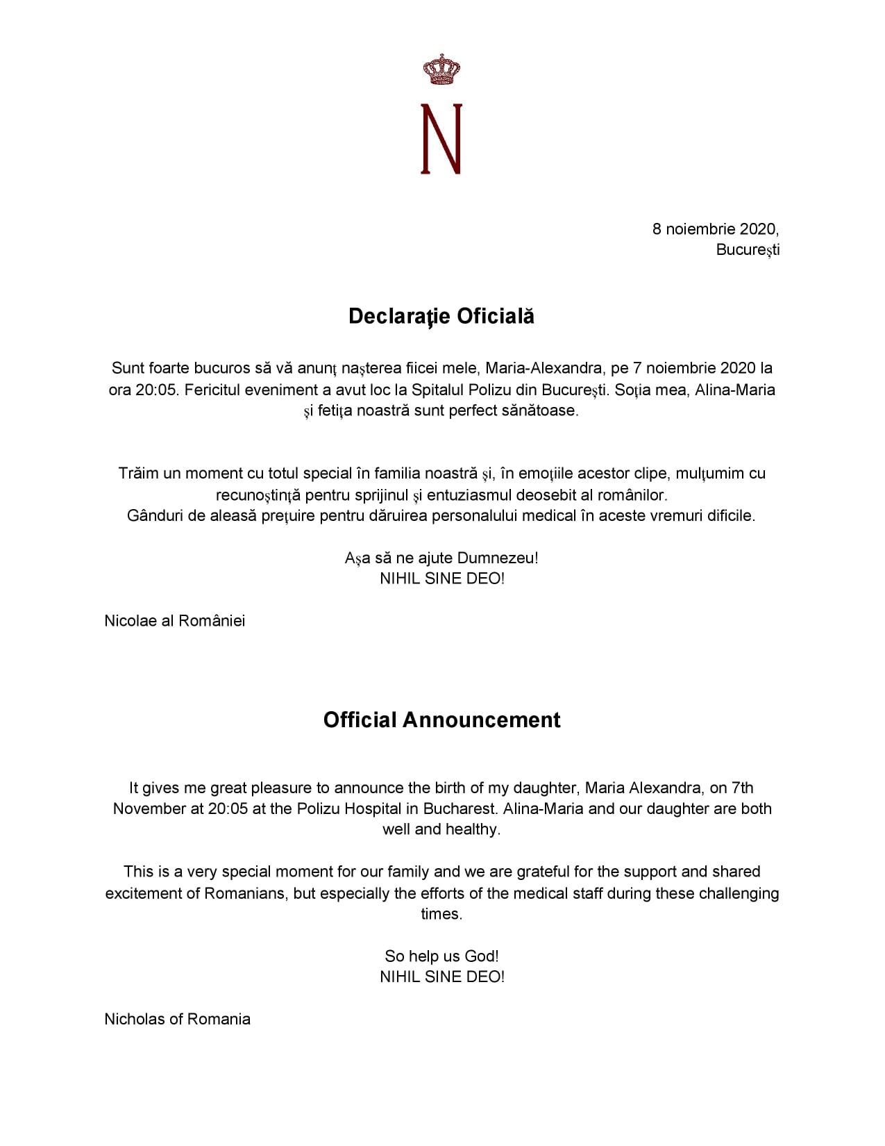 Anunțul oficial al fostului Prinț Nicolae