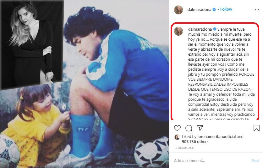 Dalma Maradona a postat un mesaj sfâșietor după înmormântarea tatălui ei. “Așteaptă-mă acolo, te iubesc” este unul dintre gândurile împărtășite de fiica legendarului fotbalist © Instagram