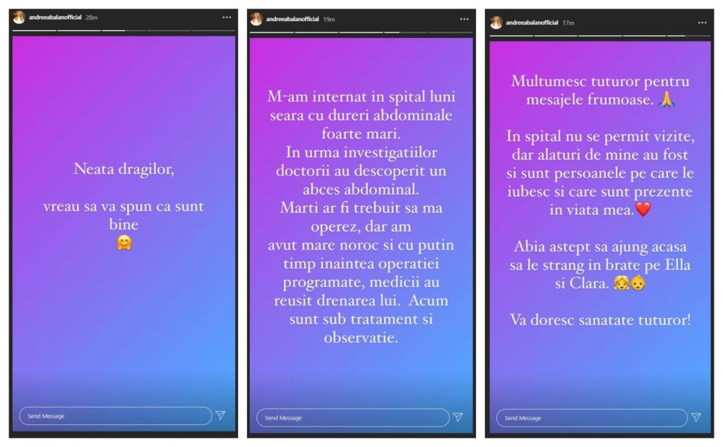 Primele declarații ale Andreei Bălan după intervenția suferită săptămâna aceasta. Medicii au diagnosticat-o cu abces abdominal © Instagram Stories