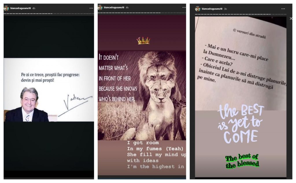 Bianca Drăgușanu, atac subtil la adresa iubitei lui Alex Bodi?! Acestea sunt trei dintre mesajele tranșante postate de divă astăzi, 23 noiembrie 2020 © Instagram Stories