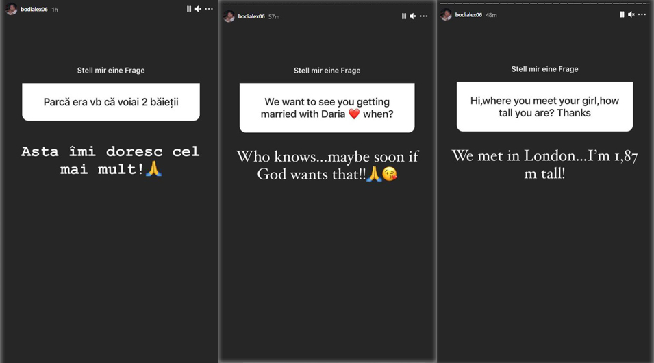 Alex Bodi are intenții serioase cu Daria Radionova și plănuiește să o ia de soție, potrivit declarațiilor sale făcute pe social media © Instagram Stories