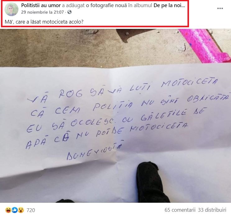 Acesta este biletul găsit de un motociclist când a vrut să facă un drum important. Fotografia a devenit virală la scurt timp de la postare © Facebook
