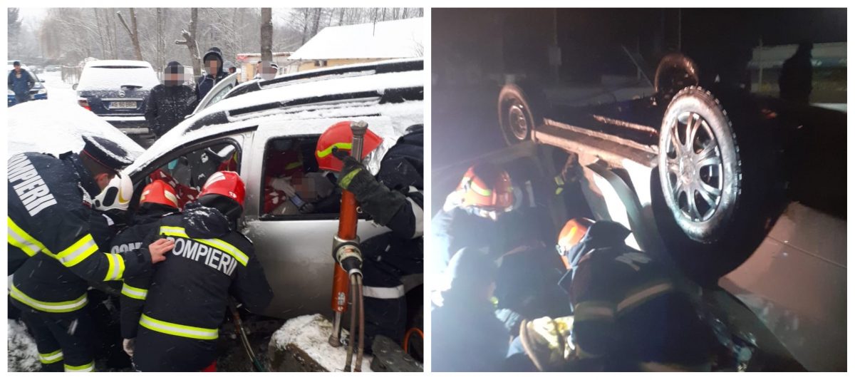 Accidente grave în Argeș. O șoferiță a rămas captivă în mașina care s-a izbit de pod. În autoturism erau și copiii femeii