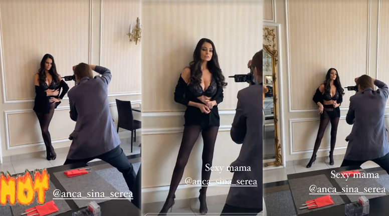 Astăzi, Anca Serea a făcut o ședință foto îmbrăcată cu o cămașă neagră,lenjerie intimă sexy, dres și sandale asortate © Instagram Stories