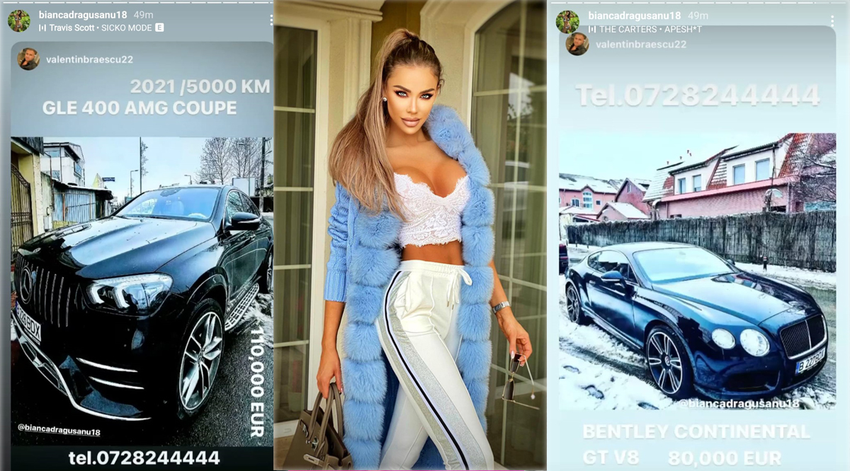 Bianca Drăgușanu și-a scos la vânzare Bentley-ul Continental și Mercedes-ul GLE 400 AMG COUPE © Instagram Stories / Facebook