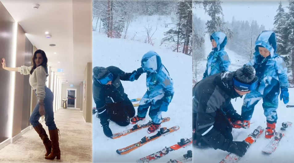 Cei doi băieți ai lui Gabi Bădălău au învățat astăzi să schieze. Nicolas și Gabriel au fost însoțiți pe pârtie de mama lor, Claudia Pătrășcanu © Instagram Stories