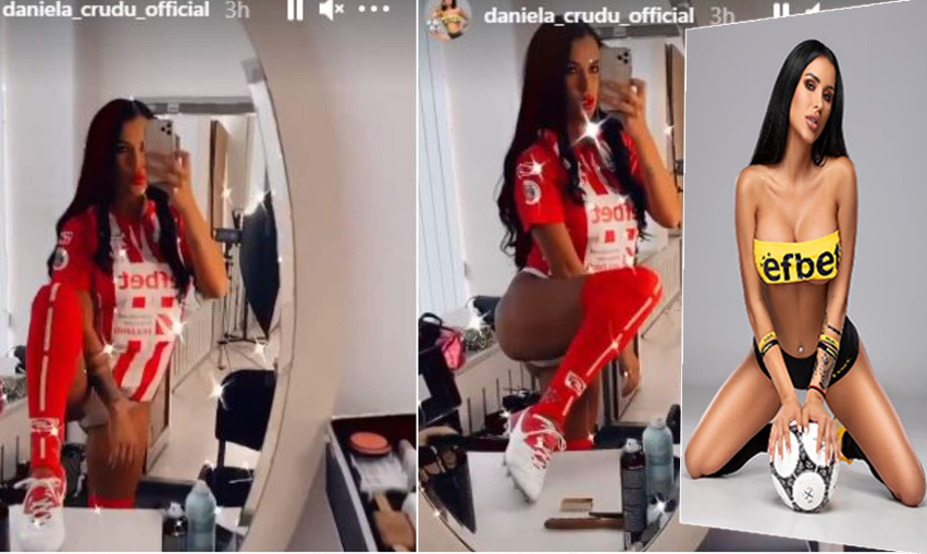 Îmbrăcată într-un tricou roșu cu alb, bikini sexy, jampieri și o pereche de pantofi sport, fosta asistentă TV s-a filmat într-o cabină de machiaj. Ulterior, ea a realizat o ședință foto © Instagram Stories / Facebook