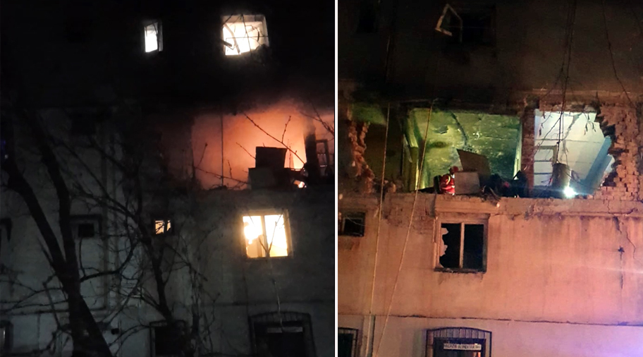 Explozie urmată de incendiu într-un bloc din Găeşti. Localnicii au fost evacuați de urgență | FOTO