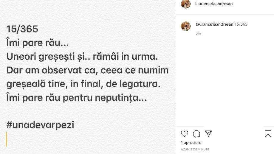 Astăzi, Laura Andreșan a publicat acest mesaj copleșitor, iar gândurile exprimate i-au trimis pe mulți la despărțirea de Grasu XXL © Instagram