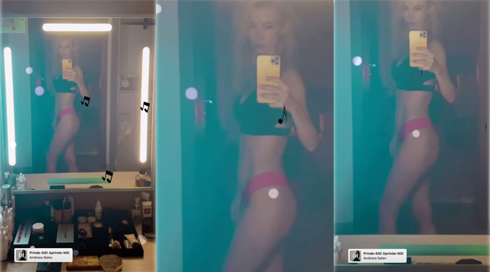 Îmbrăcată doar în lenjerie intimă, Andreea Bălan s-a filmat în oglinda din dormitorul său © Instagram Stories