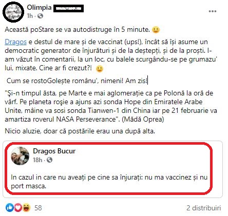 Dragoș Bucur, blamat după ce a transmis pe Facebook: “Nu mă vaccinez și nu port mască”