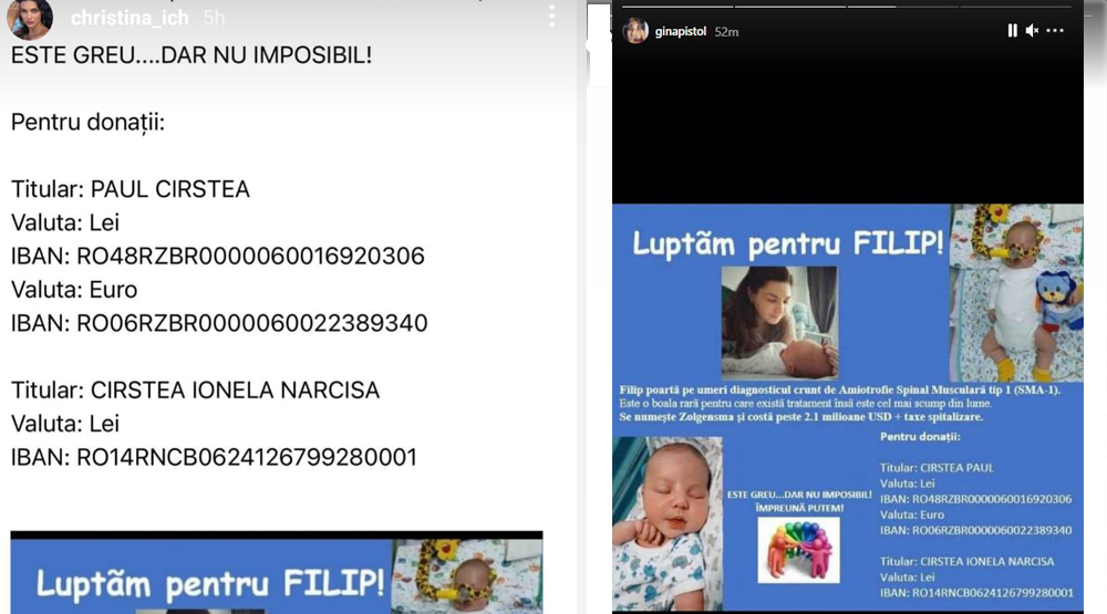 Gina Pistol și Christina ICH, apeluri emoționante pentru salvarea lui Filip, un băiețel diagnosticat cu amiotrofie spinal musculară tip I (SMN1) © Instagram Stories