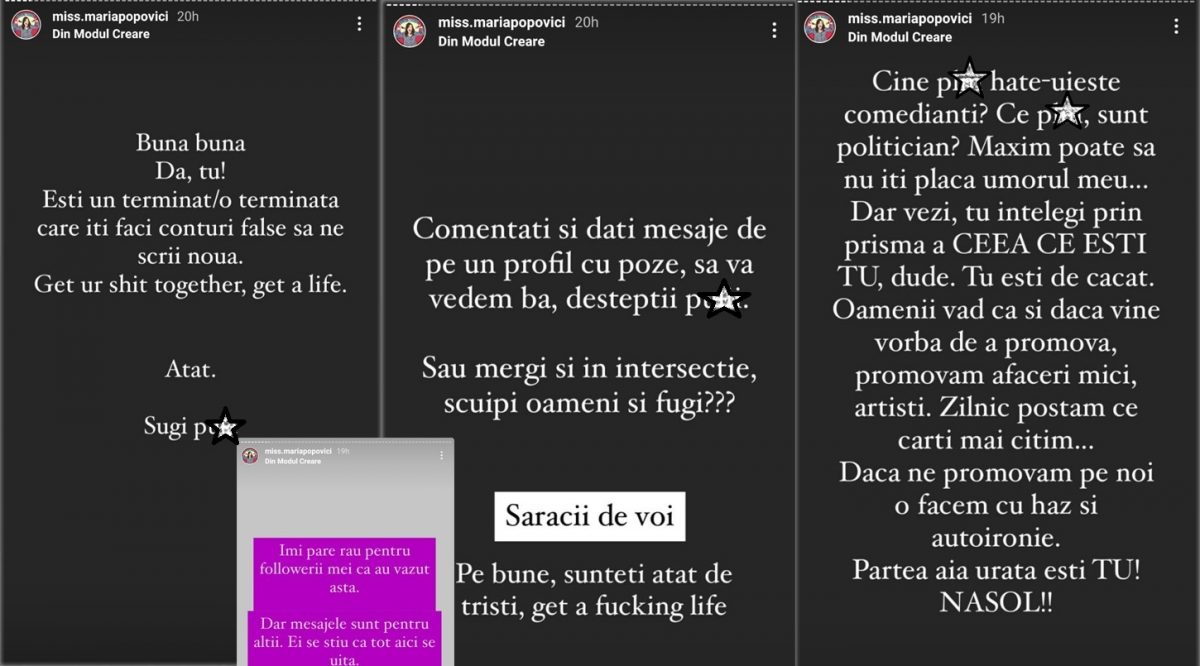 Maria Popovici a răbufnit pe social media, după ce a fost criticată de persoane care își ascund identitatea sub conturi false © Instagram Stories