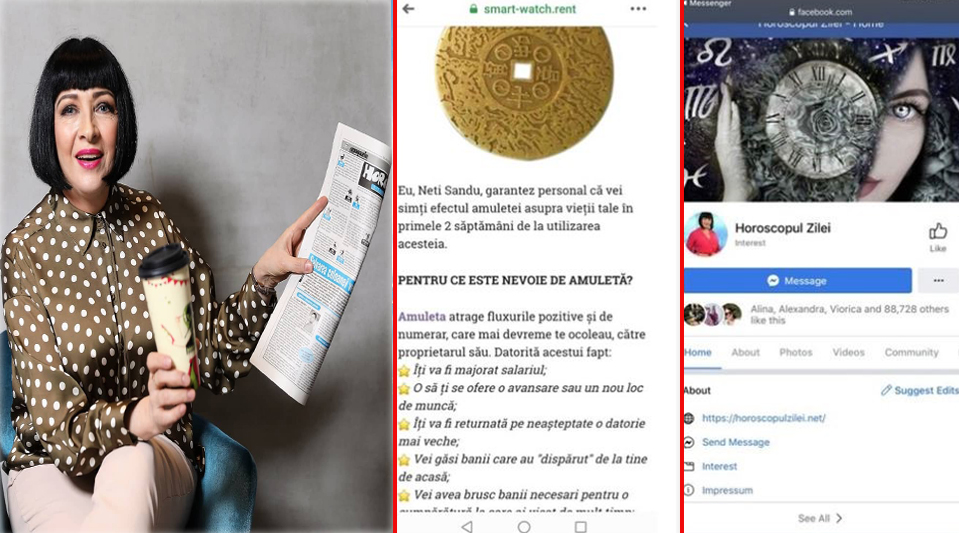 După cum puteți observa în poza din mijloc a colajului, Neti Sandu apare pe unul dintre site-urile obscure “vânzând” amulete, iar pe altul, prezintă horoscopul (fotografia din dreapta colajului) © Facebook