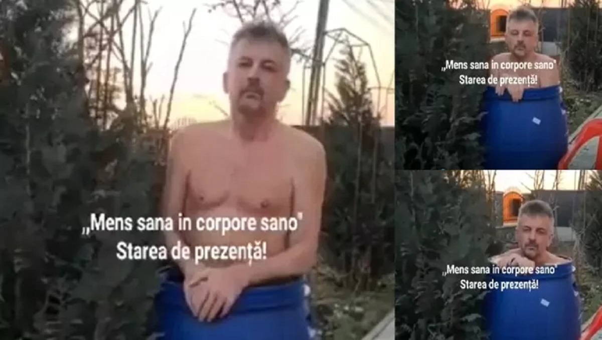 Imaginile care au făcut internauții să râdă cu lacrimi. Un primar din Iași s-a filmat în timp ce se scălda într-un butoi cu murături, aproape dezbrăcat