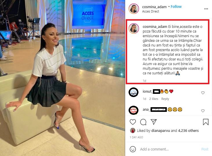 Cosmina Adam a dezvăluit ieri ce a făcut cu doar 10 minute înainte de atacul șocant asupra realizatoarei emisiunii “Acces Direct” © Instagram