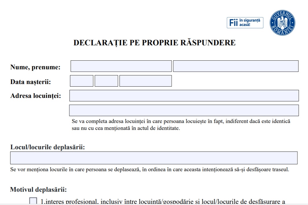 Imagine Stire Acesta este modelul noii declarații pe propria răspundere. Interdicţia de circulaţie după ora 22:00, valabilă de duminică | 2review.ro