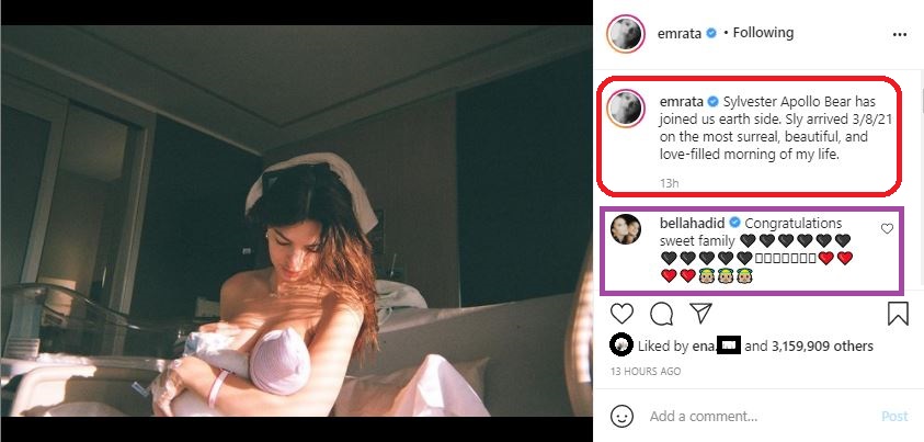 Emily Ratajkowski a adus pe lume băiețelul pe care îl are cu soțul său, Sebastian Bear-McClard, pe 8 martie, însă, vestea a fost făcută publică ieri, 10 martie © Instagram