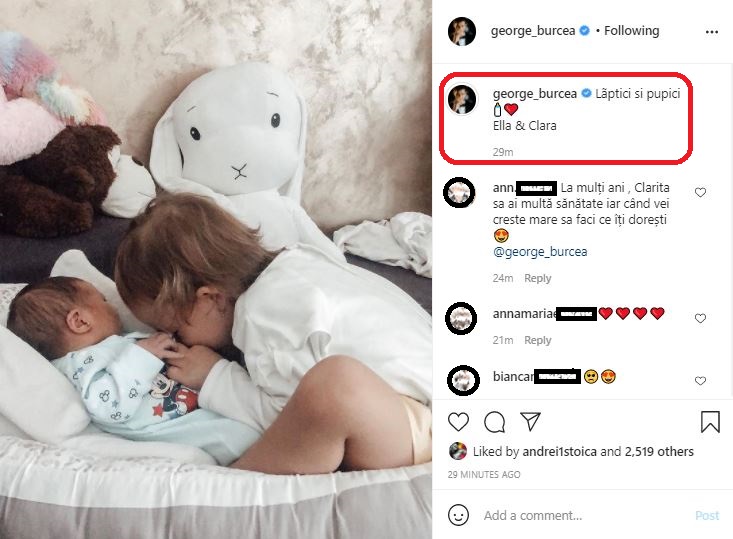 Pe lângă poza de colecție pe care o are cu Clara, la scurt timp după ce s-a născut, actorul a publicat și o imagine cu micuța și surioara mai mare care a fost realizată când a fost externată © Instagram