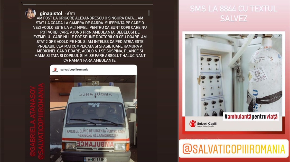 Gina Pistol, apel copleșitor pentru pacienții și medicii de la Spitalul Clinic de Urgență pentru Copii “Grigore Alexandrescu” din Capitală © Instagram Stories