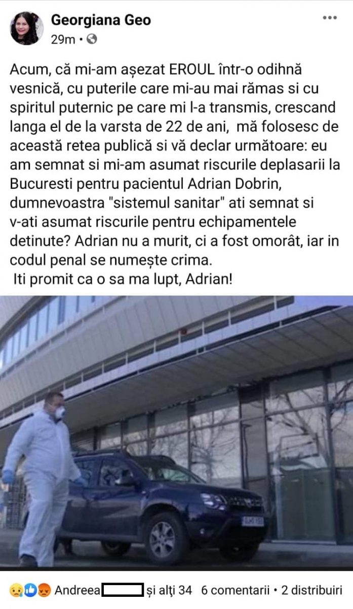 Georgiana Dobrin a promis că își va răzbuna soțul. Bărbatul lucra la DSP Gorj și a murit în ambulanță, după ce s-a infectat cu COVID-19 © Facebook