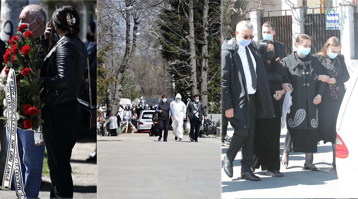 Pe una dintre coroanele depuse la mormântul regretateti artiste s-a strecurat o greșeală. Groparii au fost îmbrăcați în celebrele costume albe ca să evite o posibilă infectare cu SARS-CoV-2. Băiatul și fiicele regretatei Gabi Luncă s-au sprijinit unii pe alții în timp ce mergeau în spatele mașinii în care se afla sicriul ei © CANCAN.RO