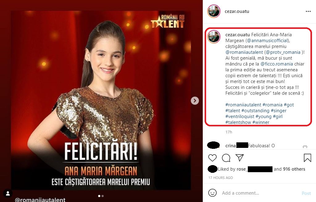 Cezar Ouatu, mesaj emoționant pentru Ana-Maria Mărgean, câștigătoarea “Românii au talent” 2021 © Instagram