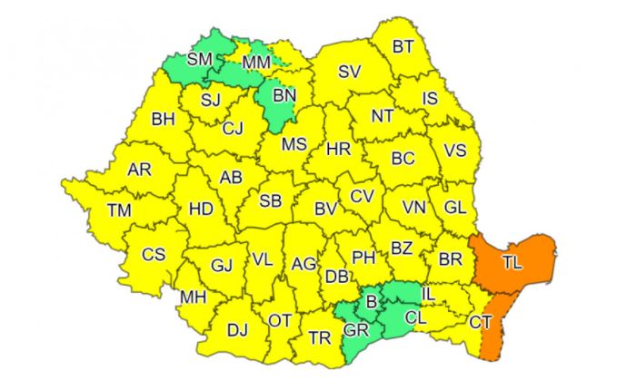 Aproape toată România se află sub cod galben de ploi, însă, în Tulcea și Constanța este cod portocaliu © digi24.ro