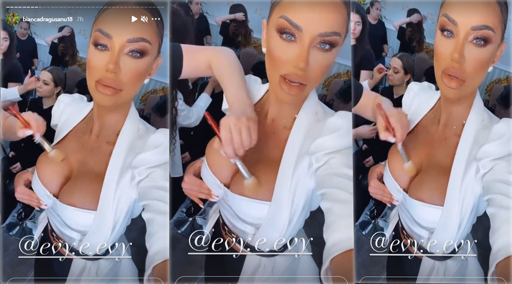 Biancăi Drăgușanu “i-a evadat” sânul stâng din corsetul alb în timp ce era dată cu pudră în zona decolteului © Instagram Stories