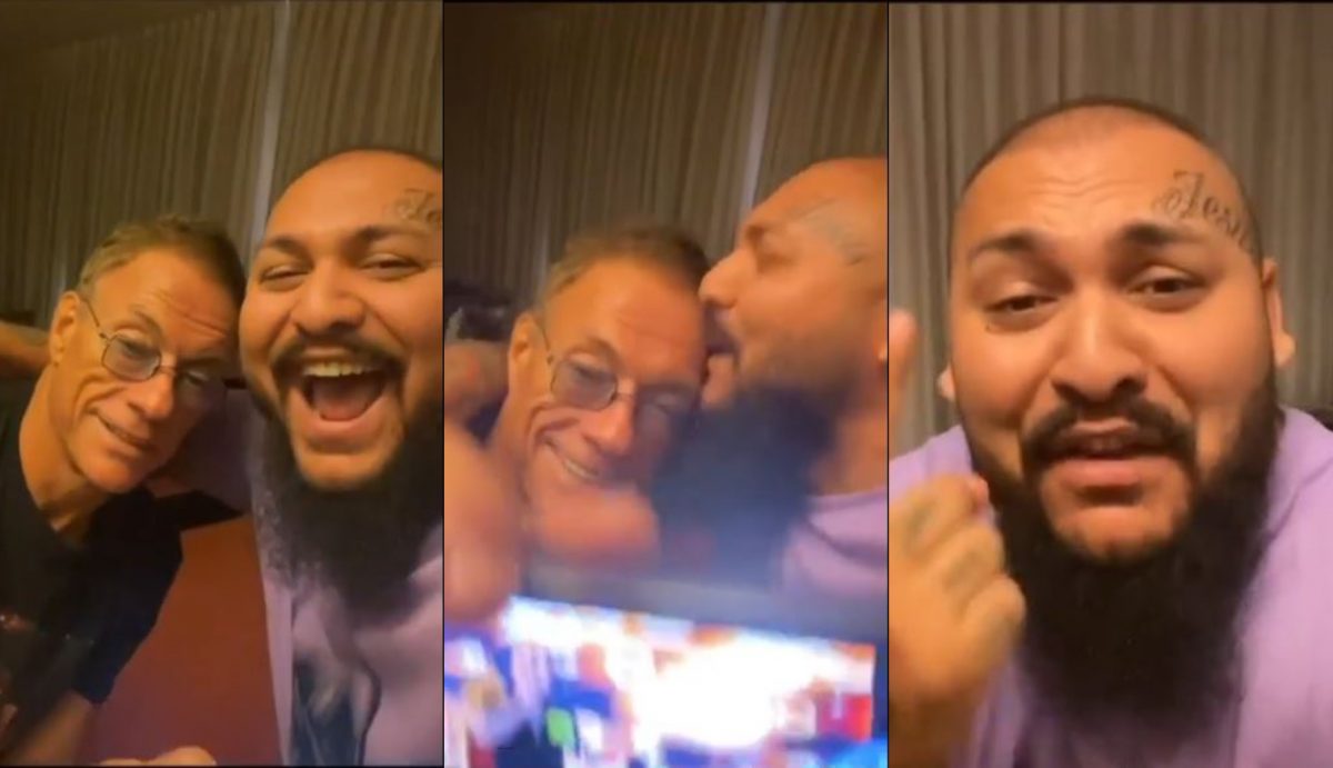 Imagine Stire Imaginile zilei! Dani Mocanu îl pupă părintește, pe frunte, pe Jean-Claude Van Damme, în timp ce actorul îi ascultă melodiile: „E lumea plină de invidie”. VIDEO | 2review.ro