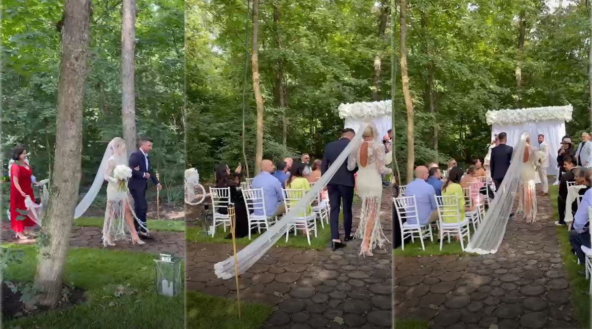 Roxana Aliman a fost condusă ca-n filme în fața altarului ridicat în aer liber, unde era așteptată de alesul inimii sale, Bogdan Nemțeanu © CANCAN.RO