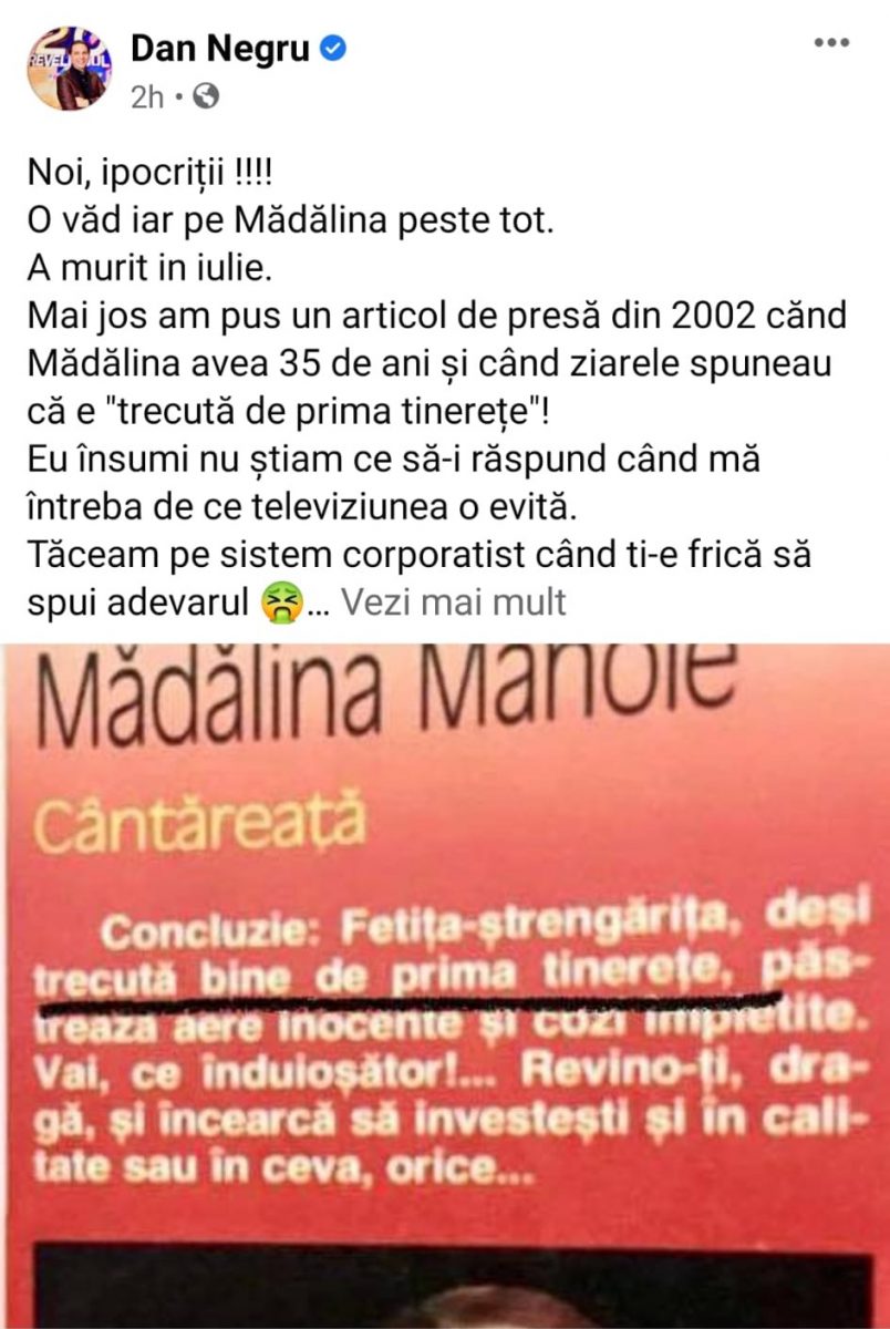 Dan Negru, postare impresionantă despre regretata Mădălina Manole. Dacă ar mai fi trăit, cântăreața ar fi împlinit 54 de ani ieri, 14 iulie 2021 © Facebook