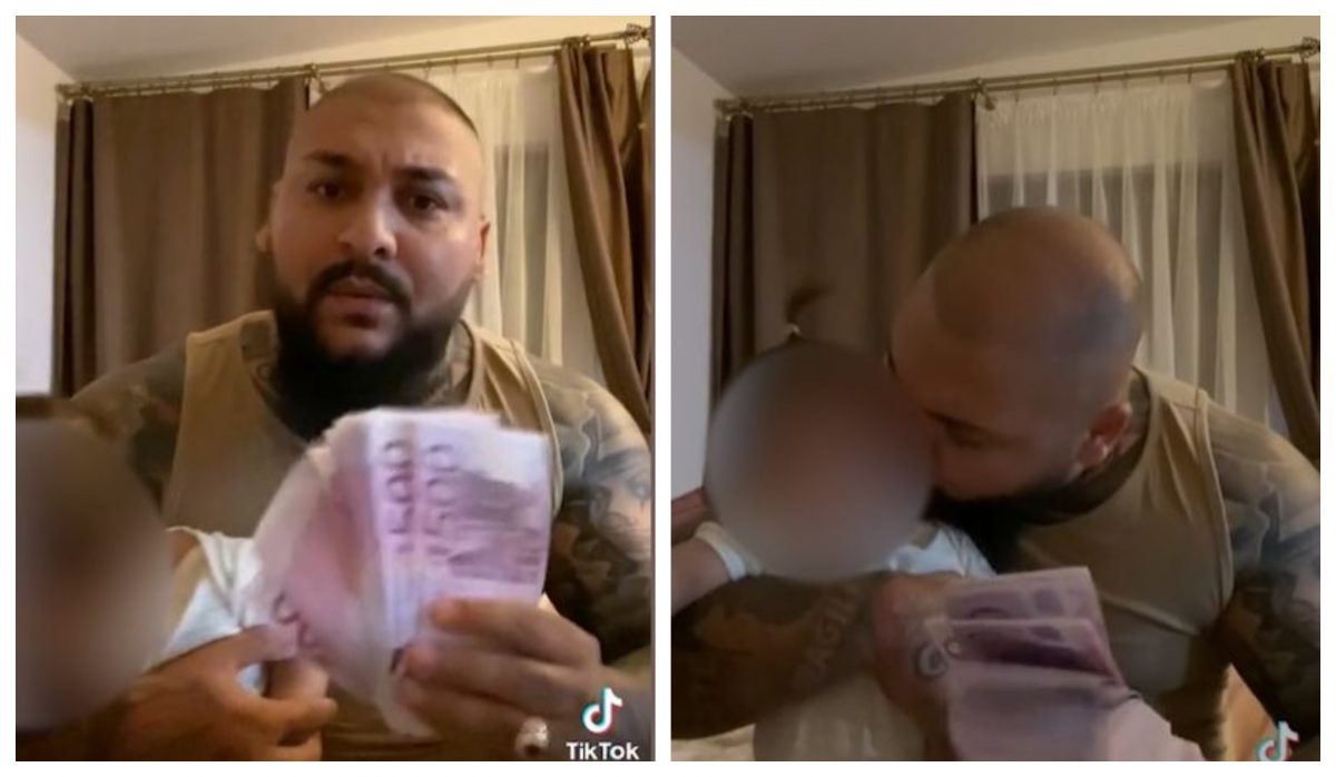 Imagine Stire Imagini virale. Dani Mocanu răcorește un bebeluș cu un evantai făcut din bancnote de 500 de euro. VIDEO | 2review.ro