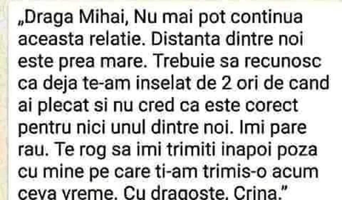 Imagine Stire Bancul Zilei | „Dragă Mihai, nu mai pot continua această relație. Trebuie să recunosc că..” | 2review.ro