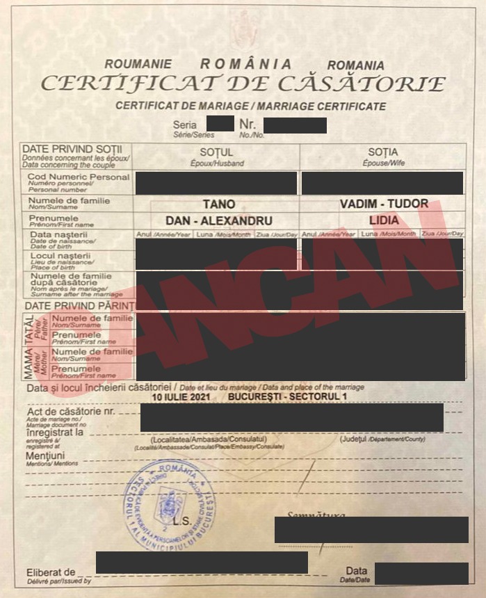 Certificatul de căsătorie dintre Lidia Vadim Tudor și Dan-Alexandru Tano