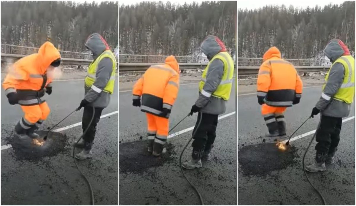 Imaginile zilei | Așa se ”tropăie” asfaltul! Metoda inedită prin care doi muncitori ”nivelează” un drum