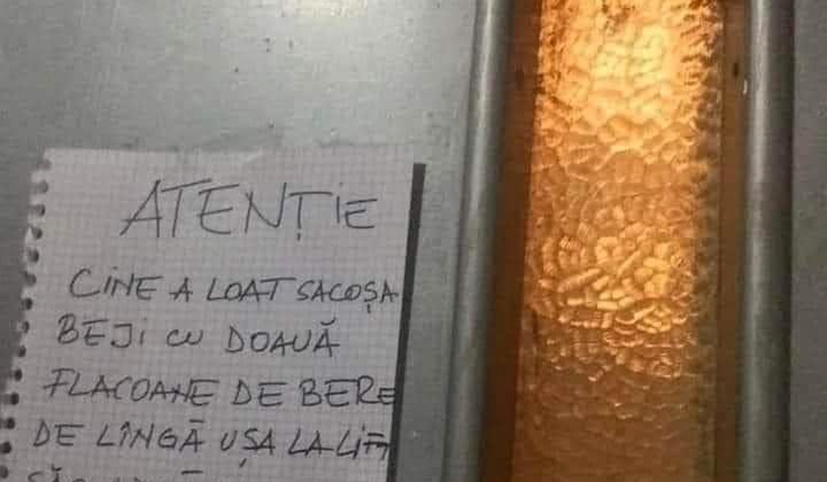 Anunțul hilar lipit de un bucureștean, pe liftul blocului în care locuiește: „Cine e loat sacoșa beji cu doauă flacoane de bere..”