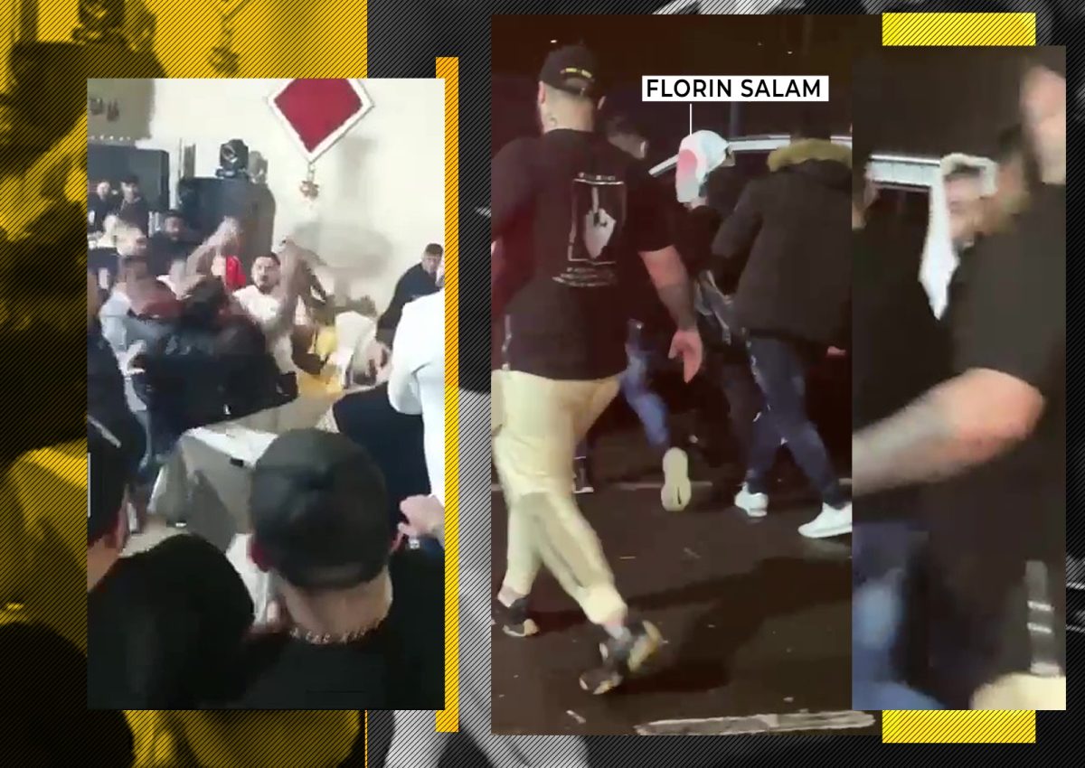 Imagine Stire Florin Salam, scos de bodyguarzi cu prosopul pe cap din încăierare! Manelistul, amenințat cu un cuțit de un interlop român, într-un club din Manchester | 2review.ro