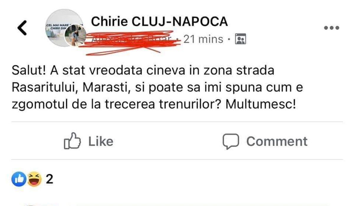 Imagine Stire BANC | Chirie Cluj-Napoca: „A stat cineva în zona strada Răsăritului? Cum e zgomotul de la trecerea trenurilor?” Ce răspuns a primit | 2review.ro