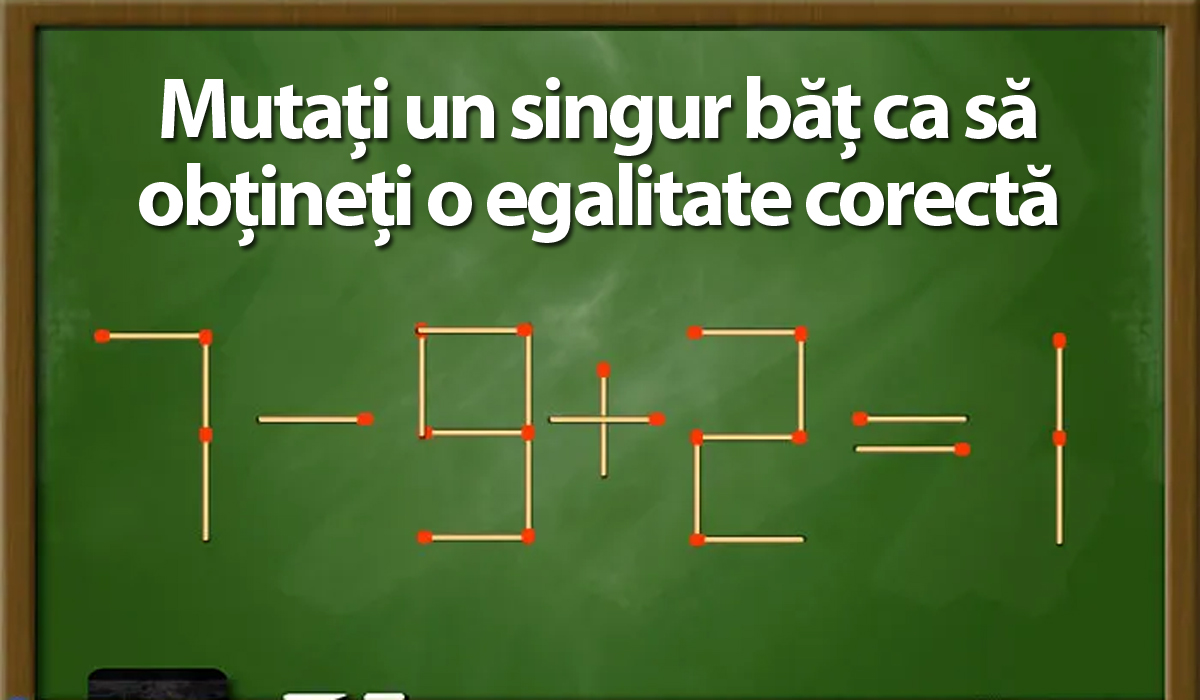 TEST IQ | Mutați un singur băț de chibrit, ca să obțineți o egalitate corectă din: 7-9+2=1